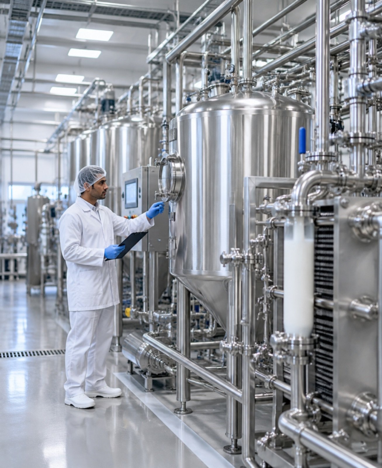 Dynalact technician inspecting dairy process equipment