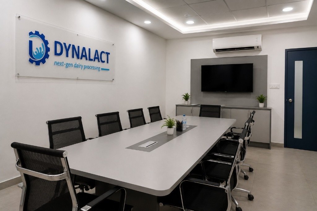 Dynalact conference room with branding and meeting table