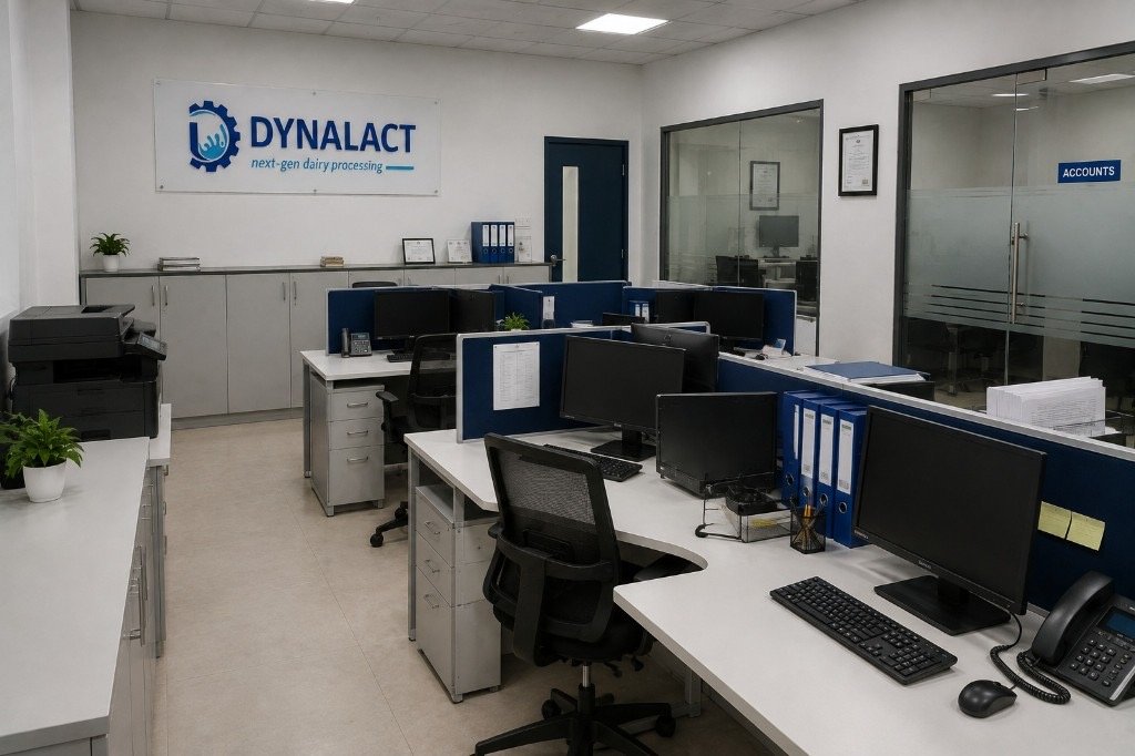 Dynalact open-plan office workstations with company branding