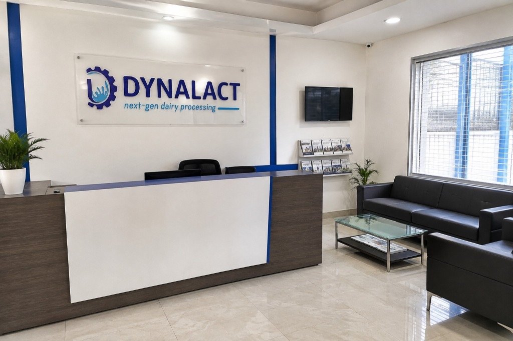 Dynalact office reception lobby with logo and seating