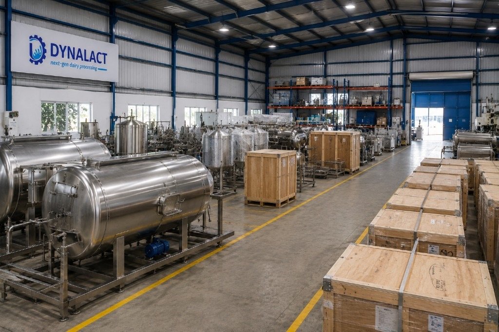 Dynalact warehouse with stainless steel tanks and shipping crates