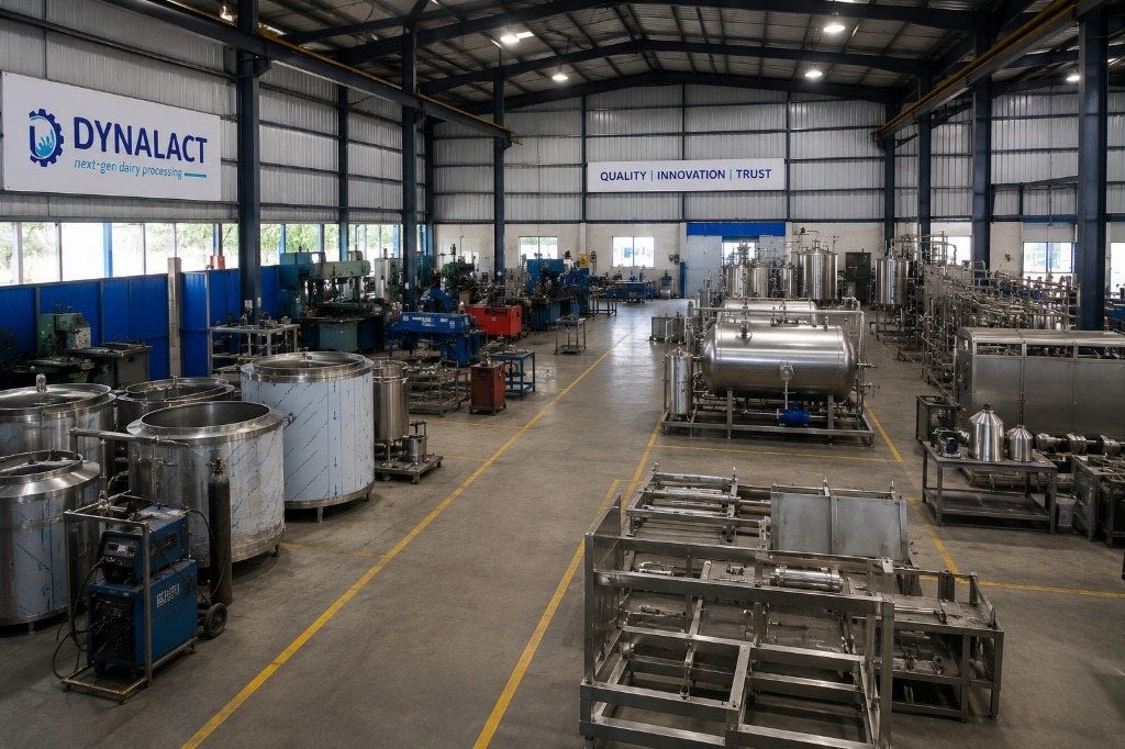 Dynalact factory floor with stainless tanks and quality banner