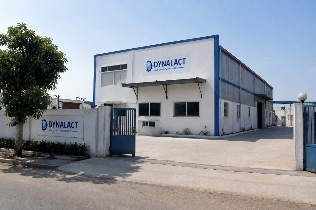 Dynalact facility exterior with open gate and building signage