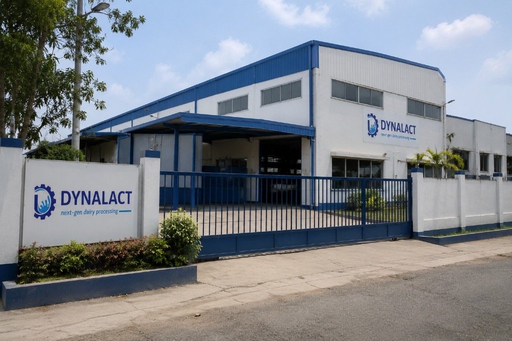 Dynalact facility exterior with blue entrance gate and roadside sign