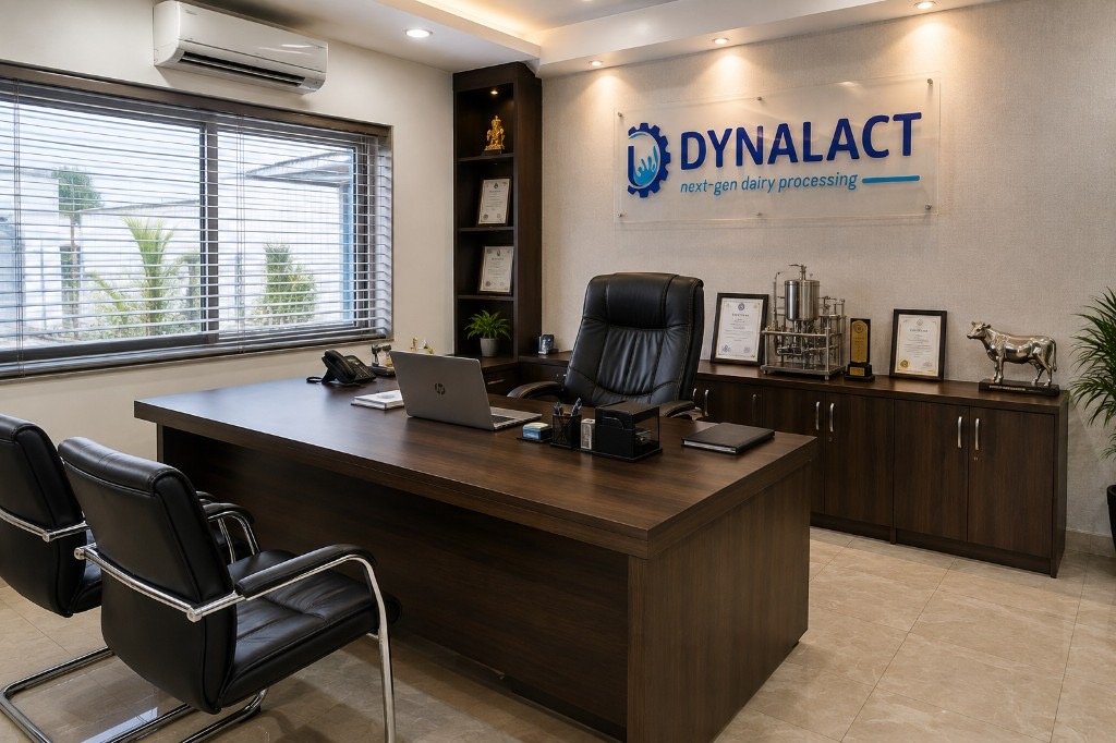 Dynalact executive office with desk and wall branding